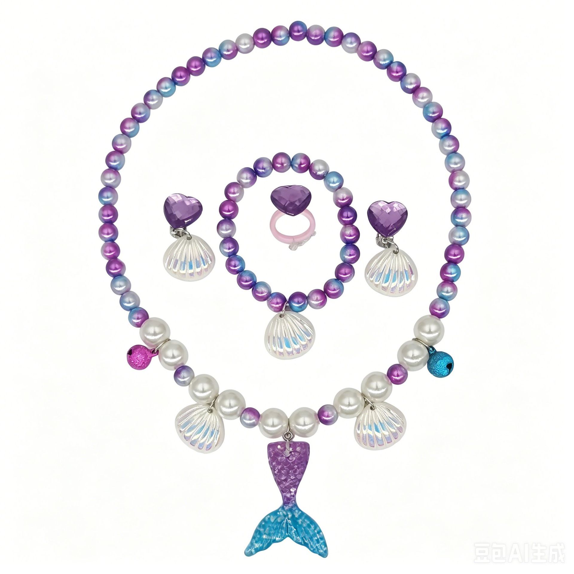 Little Mermaid Tail Children's AB Plated Pearl Shell Necklace Bracelet Shell Earrings Ring Girls' Jewelry Set