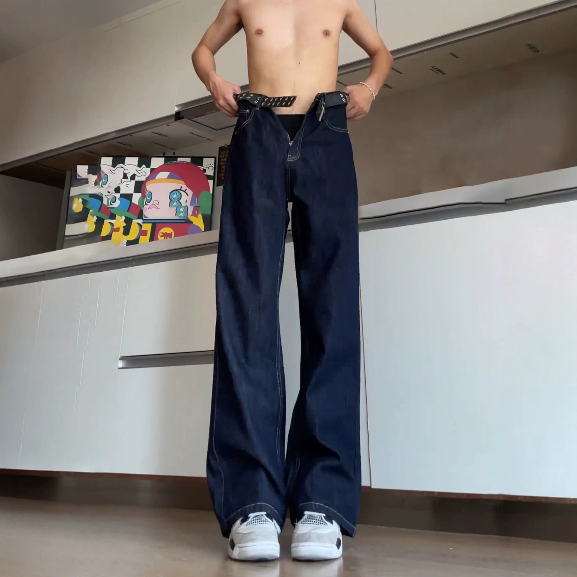 美式复古丹宁牛仔裤男款秋季cleanfit阔腿裤子直筒修身弯刀微喇裤