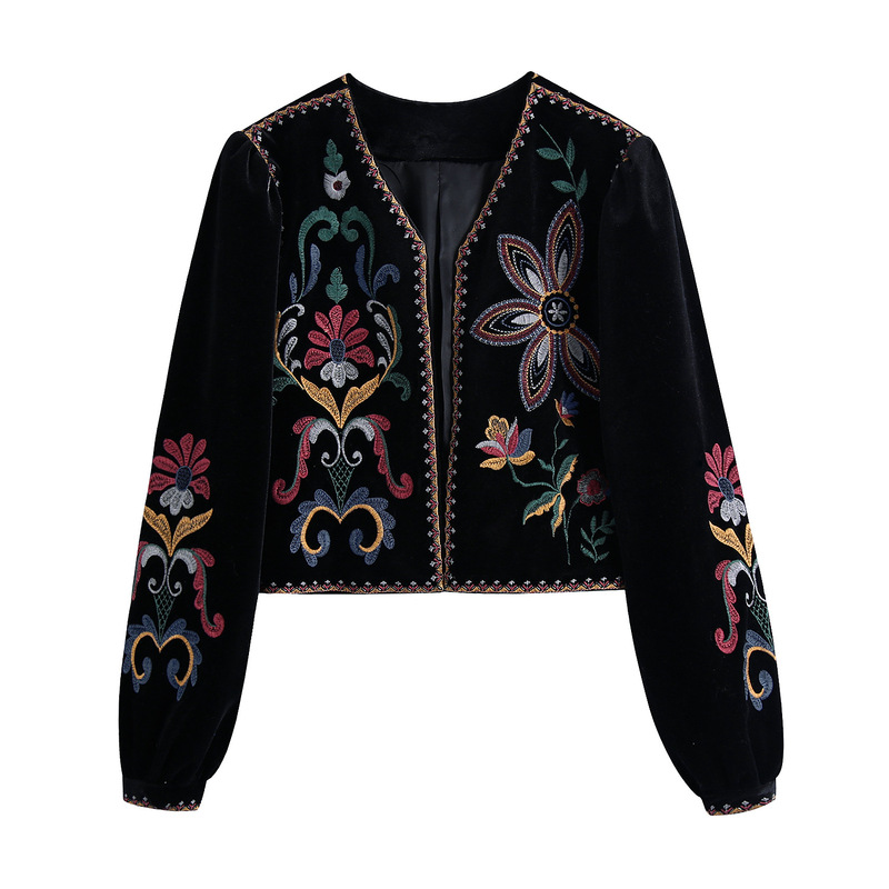 Foreign trade wholesale spring new European and American style embroidery Fashion short velvet shirt 6895277
