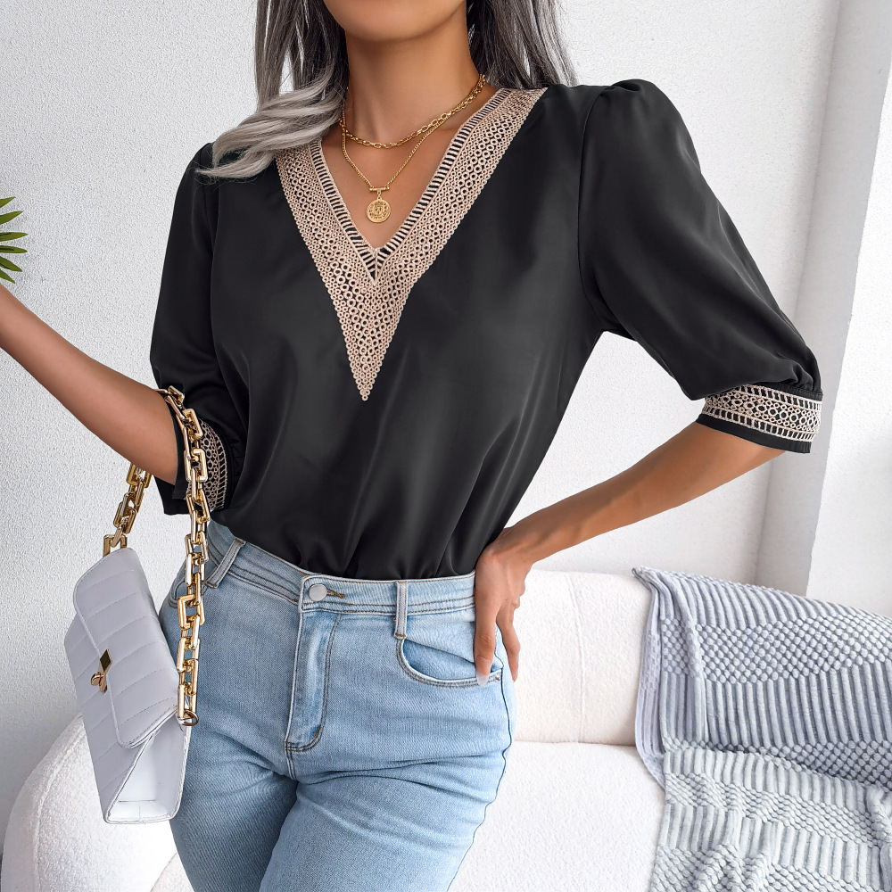 Vintage Style Solid Color Polyester Chiffon V Neck Half Sleeve Regular Sleeve Blouse display picture 4