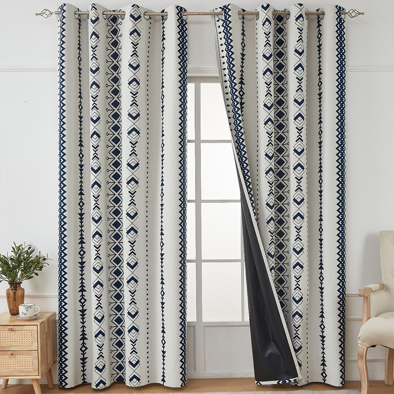 Tende oscuranti complete in cotone e lino retrò blu floreale_voghion.com