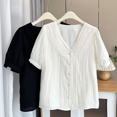 200斤の太った妹の夏の新型の大きいサイズの婦人服の気質はvネックのジャカードの半袖のシャツのシャツの3900を合わせます。