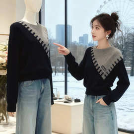 雪3353美式复古不规则假两件针织衫女2026春秋冬新款宽松显瘦毛衣