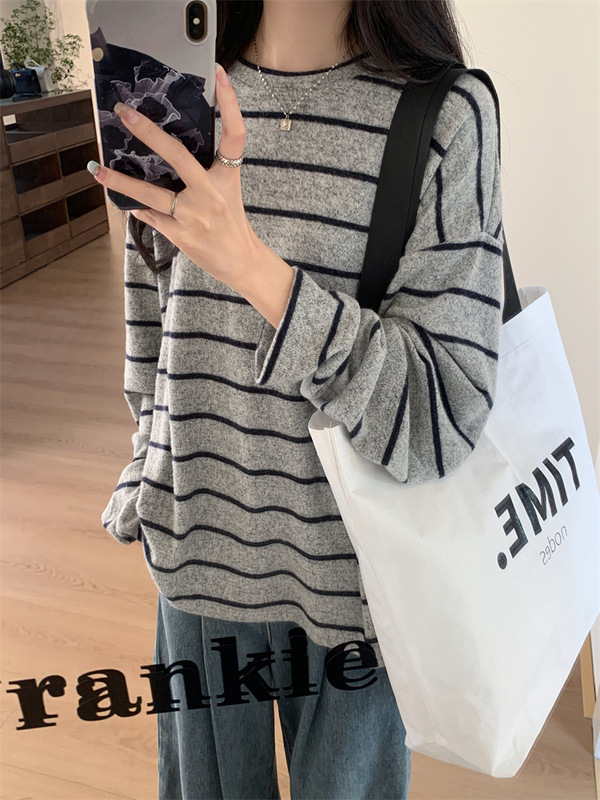韩系慵懒风撞色条纹宽松长袖打底衫女秋冬季chic复古t恤圆领上衣|undefined