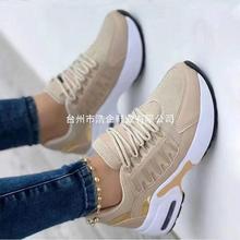 外贸大码2022欧美新款休闲运动鞋女飞织坡跟圆头系带网面透气女鞋