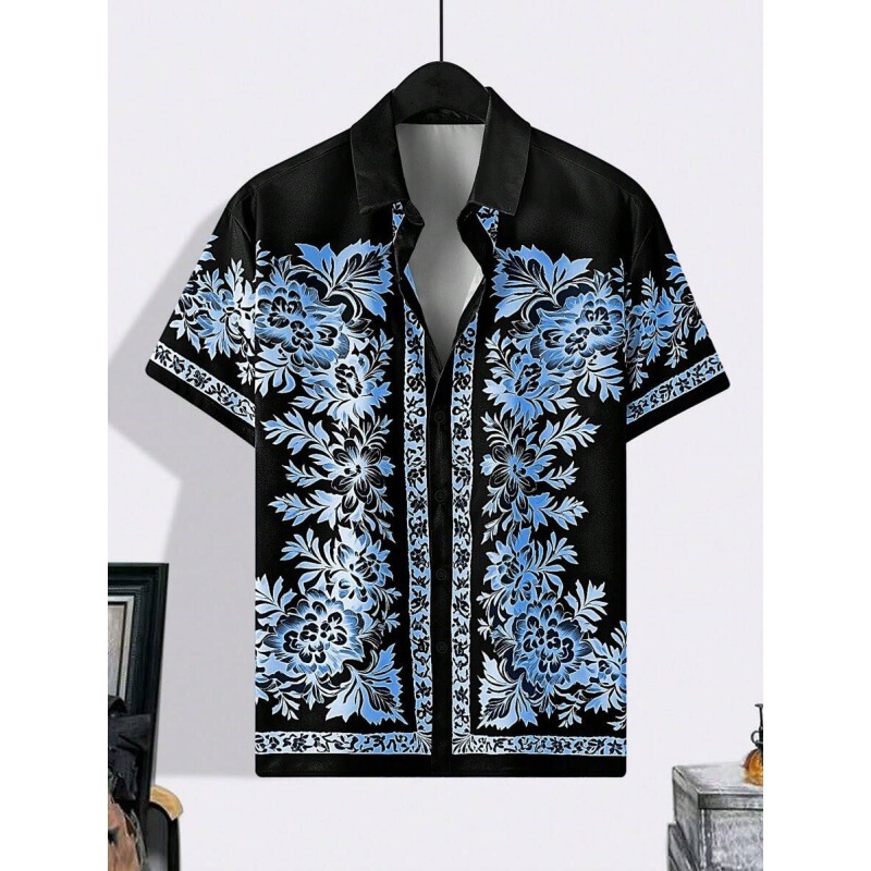 Cross-Border Export Summer European Size Men's Casual Ethnic Style Printed 3D Digital Printed Short-Sleeved Shirt Factory Direct Sale