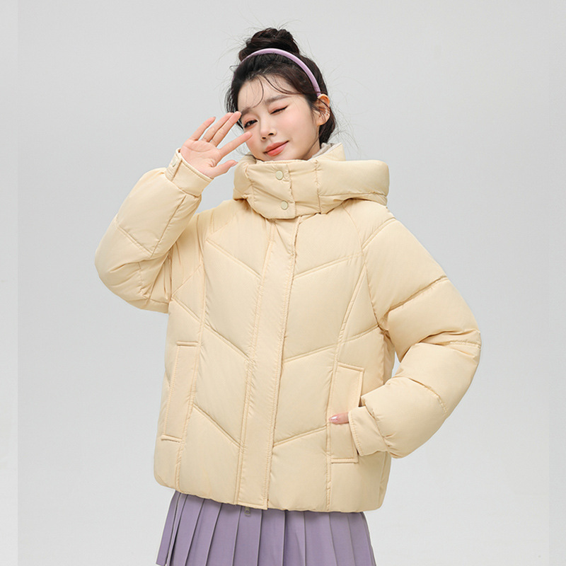 Algodón mujer 2025 otoño y invierno nuevo estilo coreano corto engrosado plumón chaqueta de algodón pequeño suelto chaqueta con capuzas de color contraste