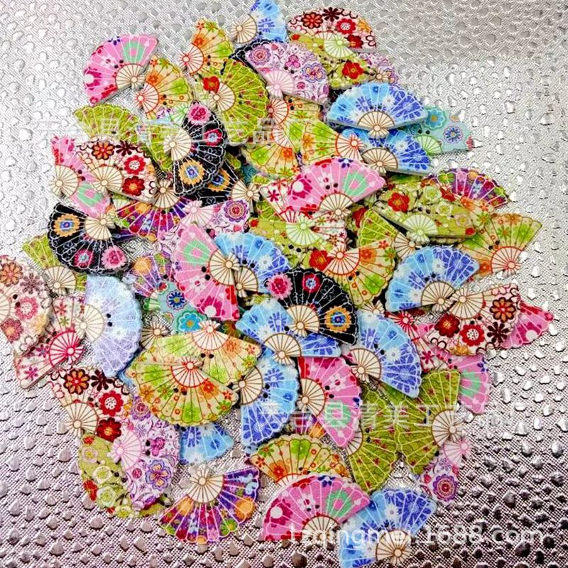 26*20mm fondo blanco DIY botón pintado ventilador de madera botón 50 piezas un paquete