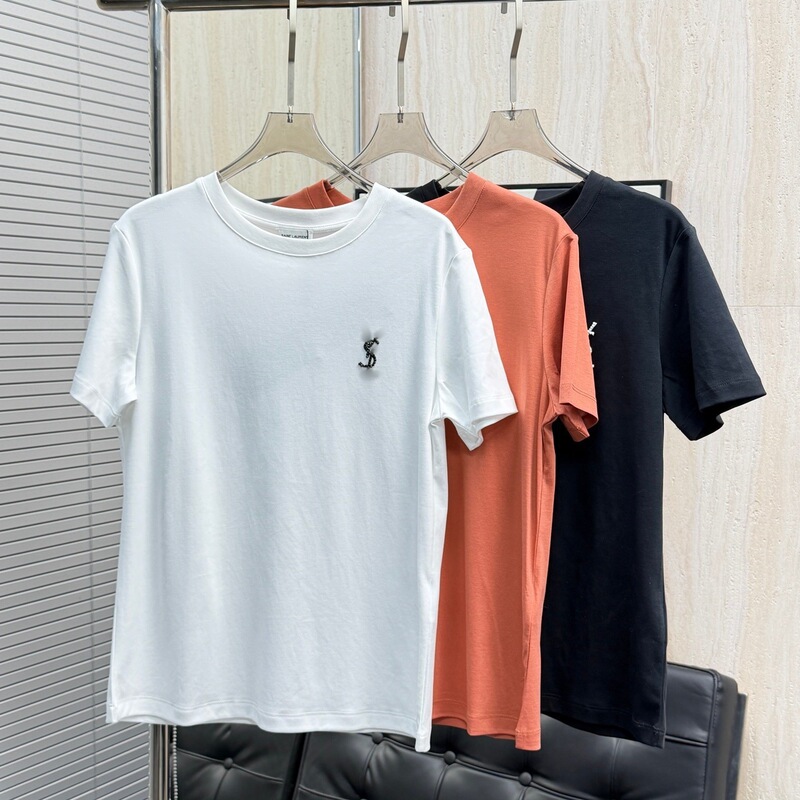 Nanyou Foreign Trade 26Ss New Product Ysl High-End Beaded Fashion Light Luxury Version Figure-Flattering Pure Cotton Round Neck T-Shirt for Women Nanyou Foreign Trade 26Ss New Product Ysl High-End Beaded Fashion Light Luxury Version Figure-Flattering Pure Cotton Round Neck T-Shirt for Women