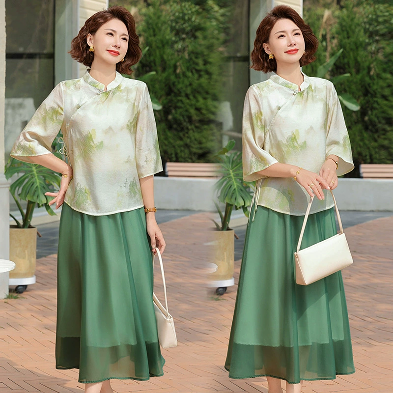 Весенне-осенний повседневный костюм для мамы среднего возраста, осень 2025, новый весенне-осенний повседневный комплект из двух предметов с принтом для женщин среднего и пожилого возраста