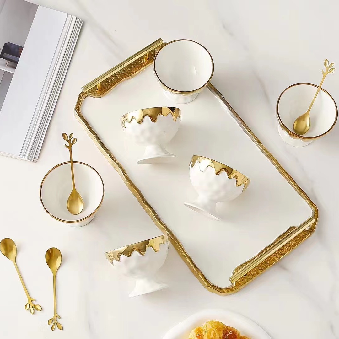 Creativa taza de helado de estilo nórdico taza chapada en oro con bandeja cuchara 6 tazas set taza de postre occidental regalo para el hogar taza de agua