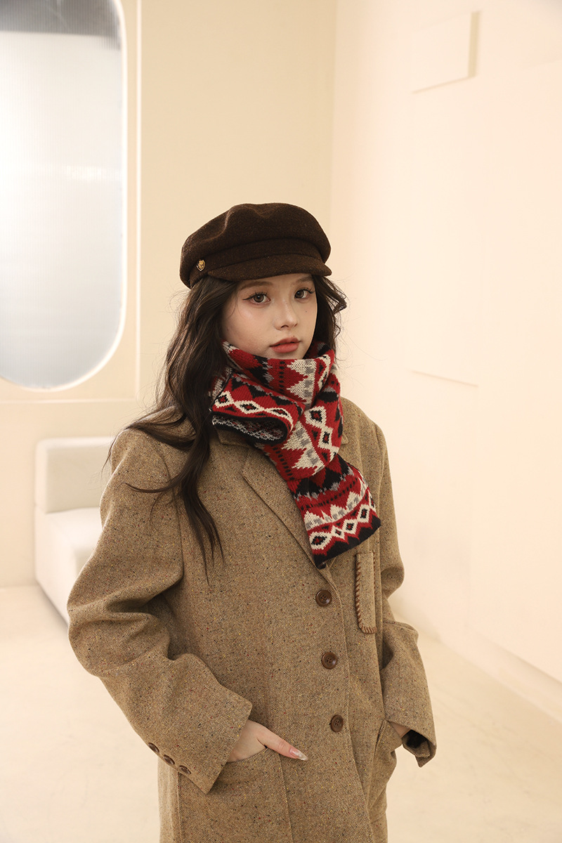 Fair-Island-Stil, Neujahrs- und Weihnachtsrot für Damen, vielseitig einsetzbar im Winter, warmer und dicker Strickschal_voghion.com