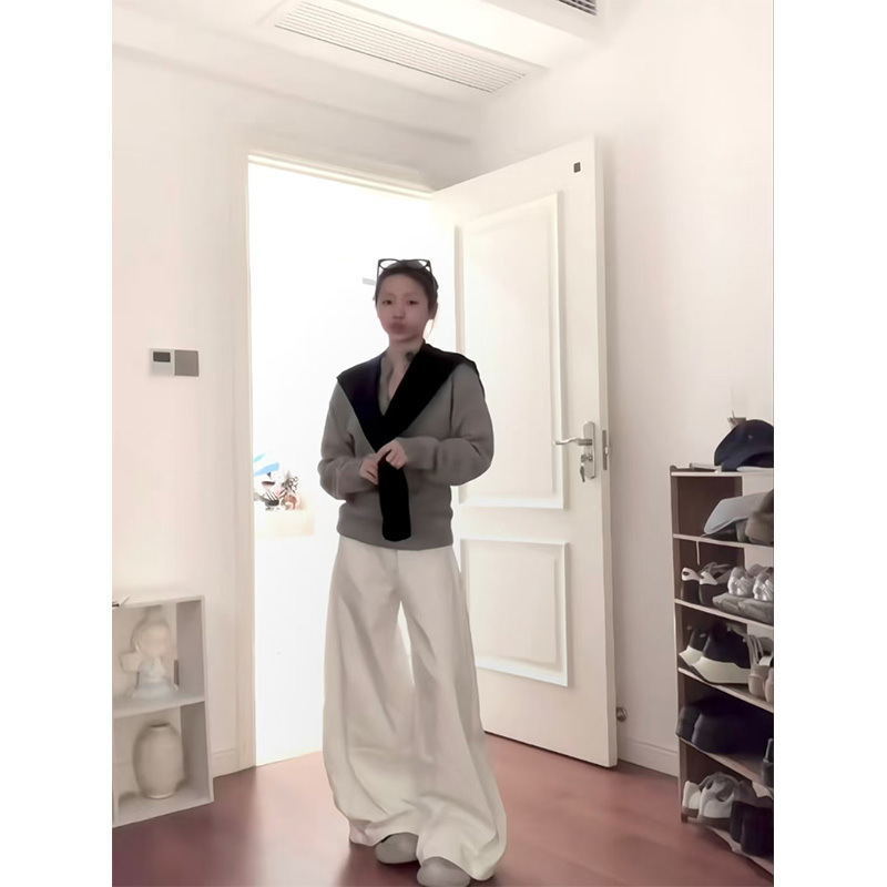 套装女2025春季新款韩系气质软糯半开领针织上衣高腰显瘦阔腿裤潮|undefined