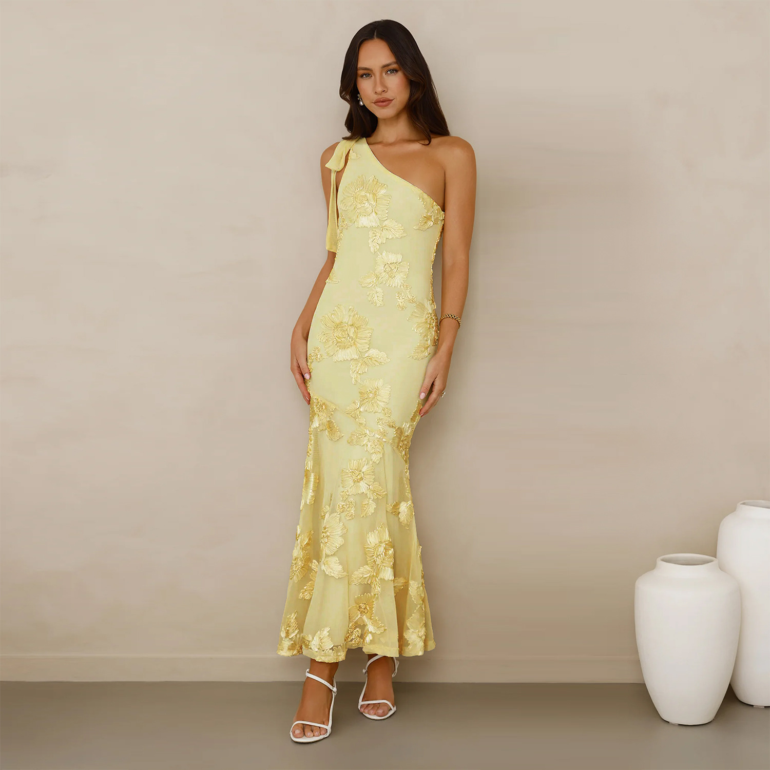 C7747 Aliexpress transfronterizo Amazon Europa y América de moda de verano elegantemente Jacquard vestido de fiesta de hombro inclinado