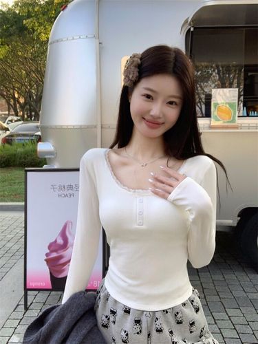 250g Comfort Fleece Lace Edge Camisole Top for Women, Round Neck, Fitted, Long Sleeve T-Shirt Top