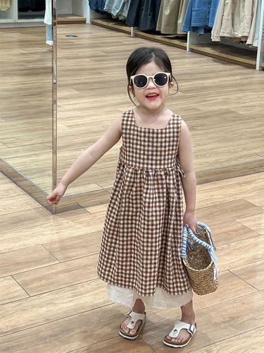 2024 Children's Summer New Arrival Girls' Forest System Literary Collar Strap Checkered Skirt Camisole Strappy Hemming Dress