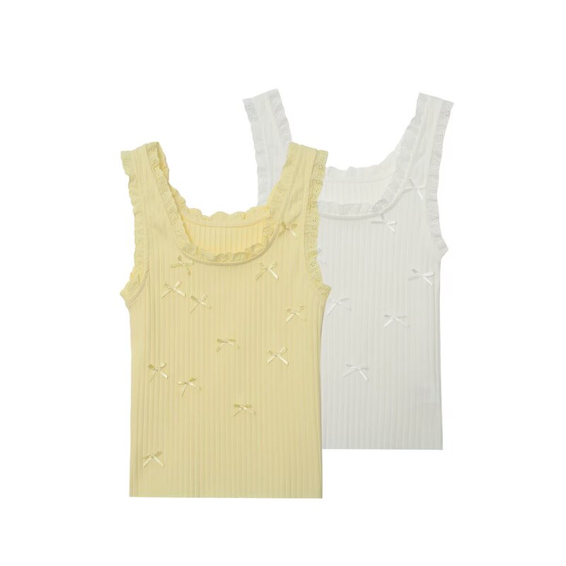 Foreign Trade Women's Clothing 2025 Summer European and American Style Round Neck Sleeveless Splicing Lace Bow Decorated T-Shirt Vest for Women D525095 Foreign Trade Women's Clothing 2025 Summer European and American Style Round Neck Sleeveless Splicing Lace Bow Decorated T-Shirt Vest for Women D525095
