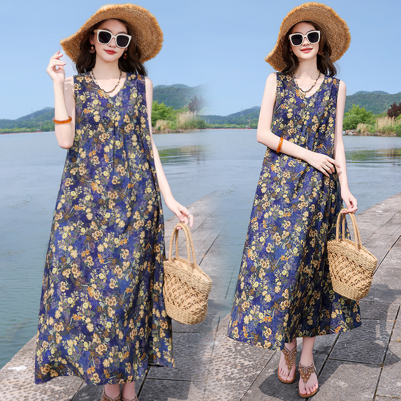 Summer Thin Cotton Silk Dress for Women, Long Over-The-Knee Cover-Up, Slimming Look Beach Dress, Plus Size Mother's Dress, Home Nightgown