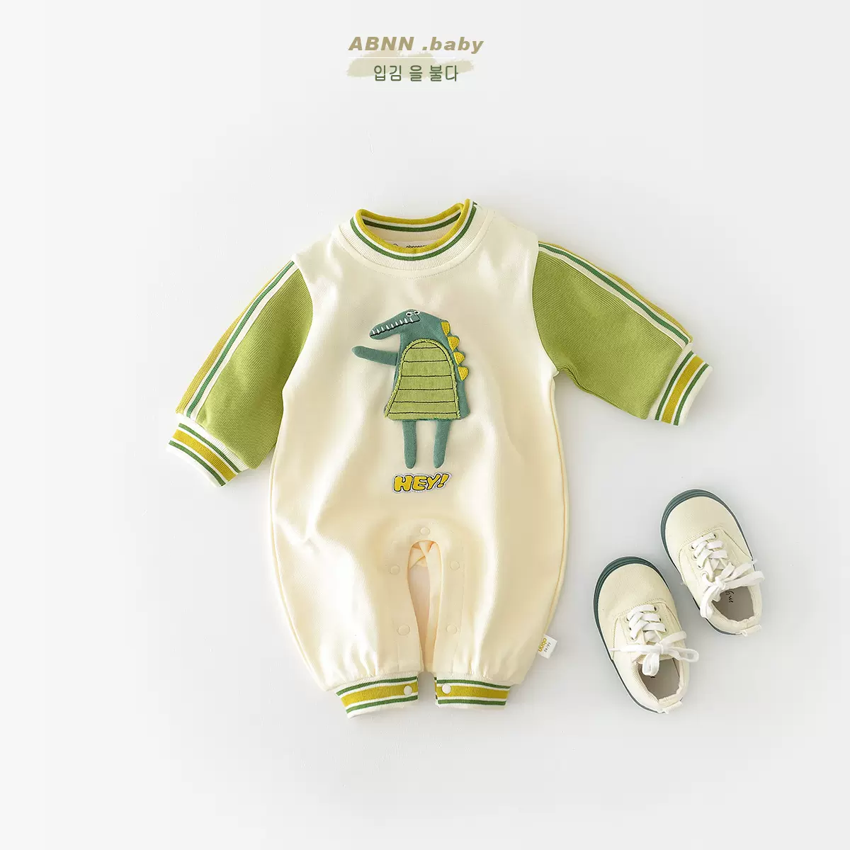 阿宝囡囡2024春新款婴幼儿恐龙系列拼接宝宝长袖爬服 0-3岁男女童