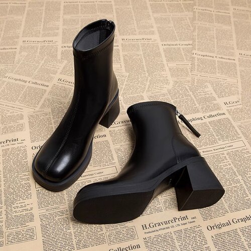 High-heeled Martin boots for women in autumn and winter new style British style round toe thick heel back zipper women's short boots trendy for small people