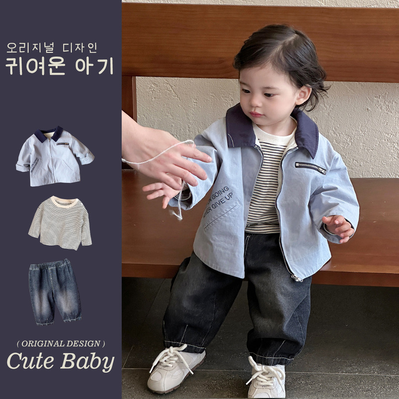 韓国子供服春秋幼児男の子コートジャケットカジュアルパンツストライプボトムシャツスリーピースアウトドア服|undefined