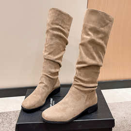 堆堆靴女骑士靴复古绒面靴2023夏季新款粗跟圆头中短筒长靴潮