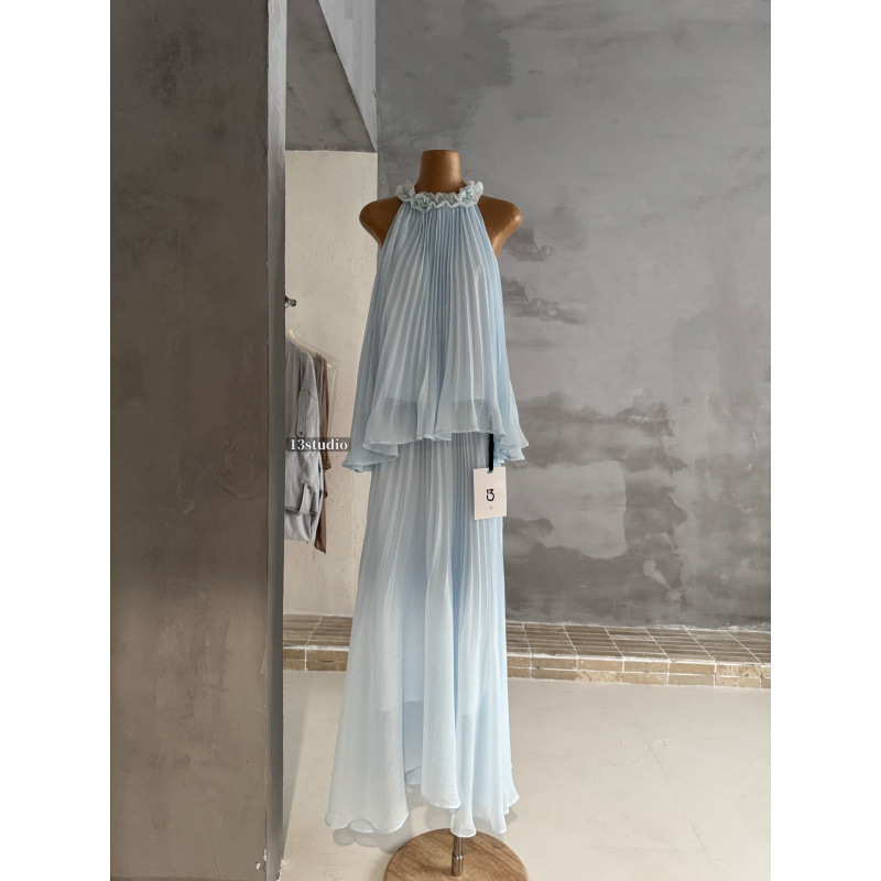 Seine Sea Salt Breeze Chiffon Halter Top Sleeveless Pleated Shirt Women's Summer Outing Outfit