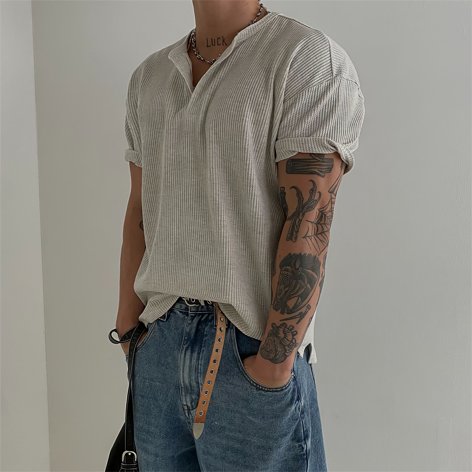 Camiseta de punto de manga corta camiseta hombre Henry cuello medio abierto viejo viento delgado negocio hielo verano fábrica transfronteriza al por mayor