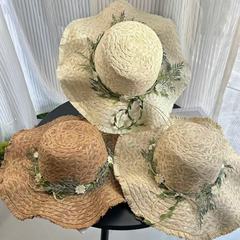 花环拉菲草帽手工编织菊花帽子女夏季出游度假百搭大檐防晒沙滩帽