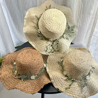 花环拉菲草帽手工编织菊花帽子女夏季出游度假百搭大檐防晒沙滩帽