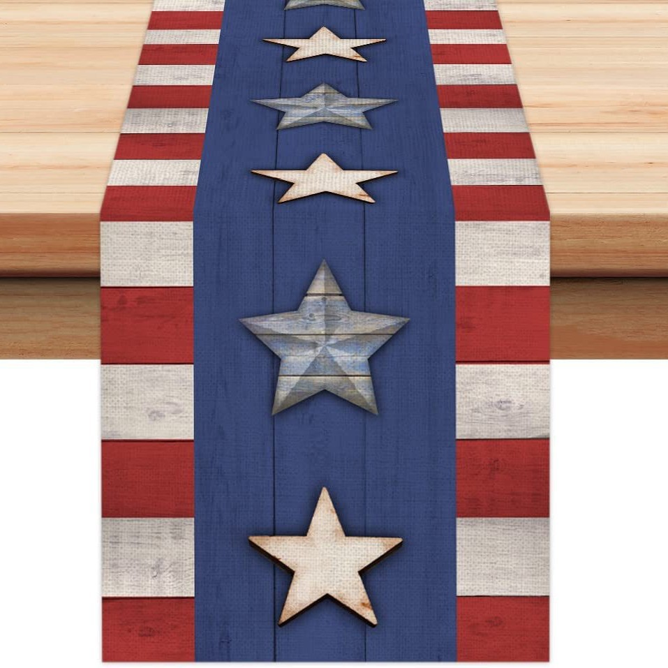 Transfronterizo 2024 nuevo día de la independencia de los Estados Unidos lino bandera de mesa bandera estrella y rayas tela de mesa de comedor cama de té tela de mesa image 14
