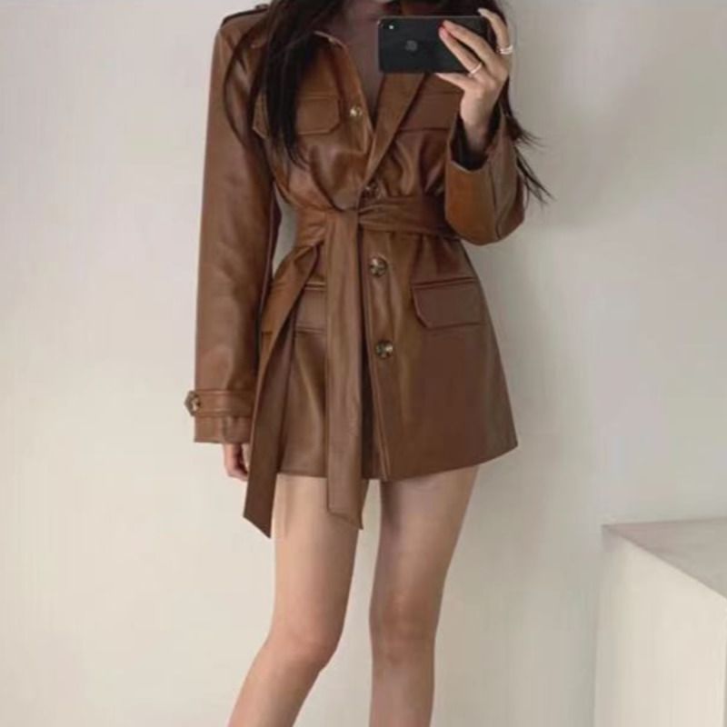韩版chic小众百搭收腰显瘦中长款帅气机车皮衣外套女秋冬长袖上衣|undefined