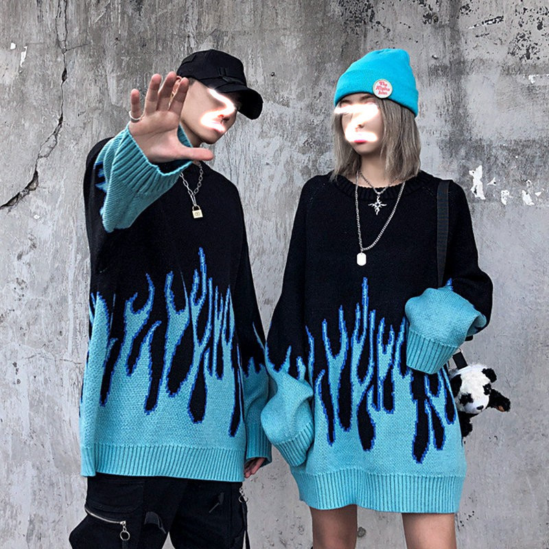 Warm Knitwear Couple Outfit Flame ins Japanese Style Loose High Street Round Neck Pullover Long Sleeve Sweater for Men and Women Hip-Hop