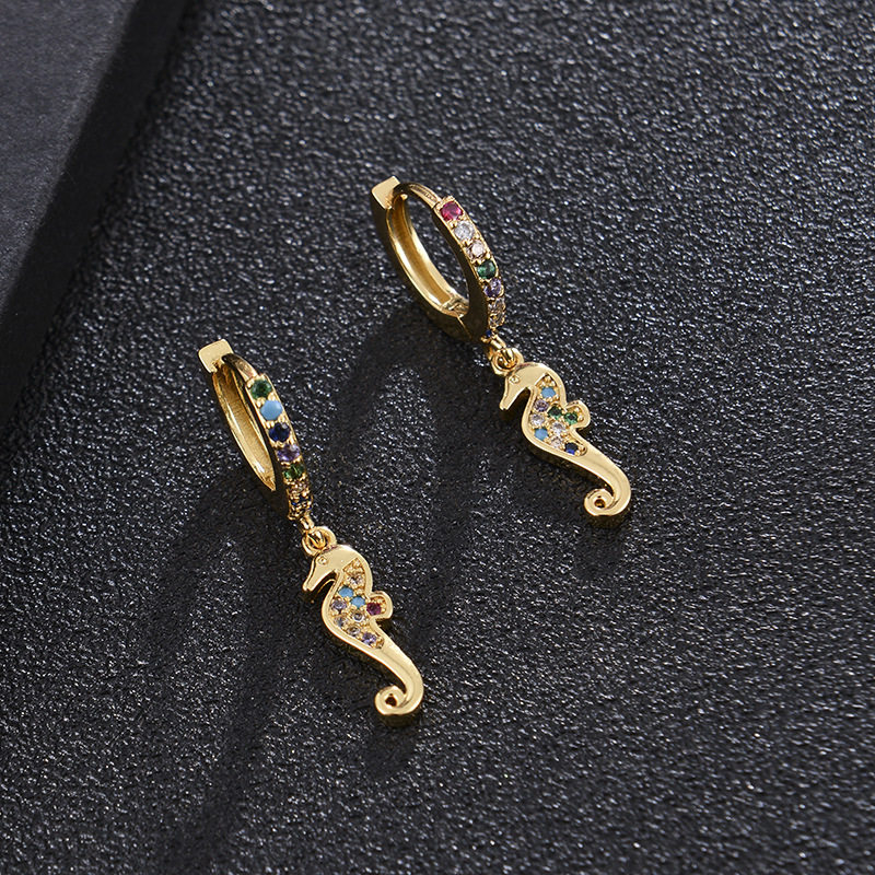 Fashion Geometric Small Hippocampus Copper Inlaid Zircon Earrings Wholesale display picture 3