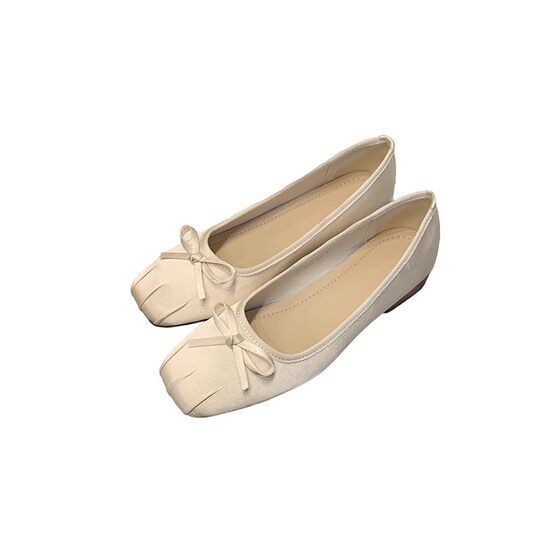 Gentle Satin Square-toe Ballet Shoes Women's 2024 Spring and Summer New Niche Bow Chunky Heeled Shallow Mouth Pumps
