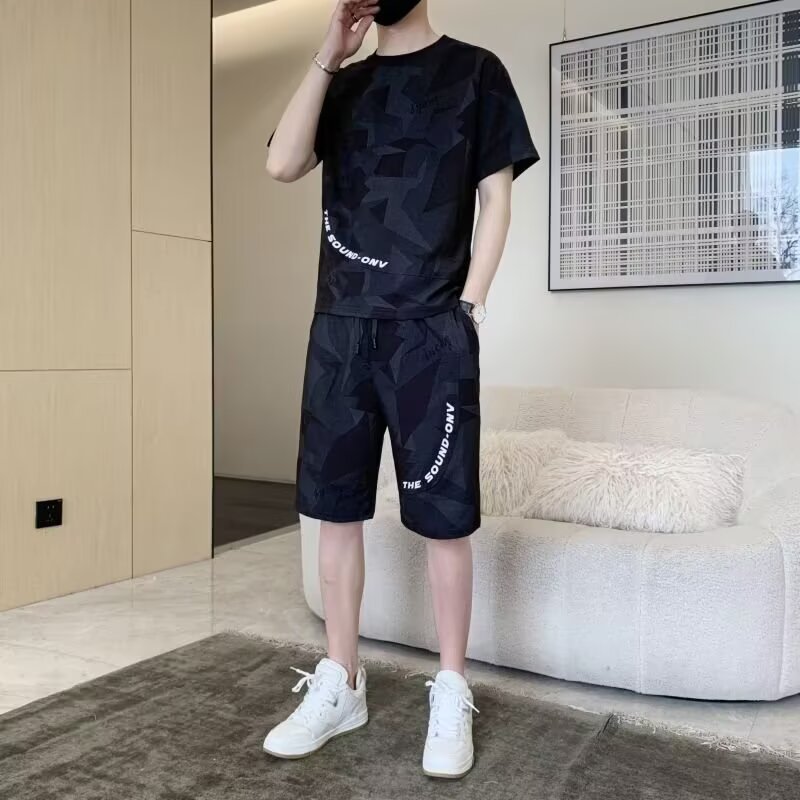 Camisas y menos ropa Traje deportivo de ocio de seda de hielo Pantalones cortos de manga corta con estampado de tie-dye para hombre