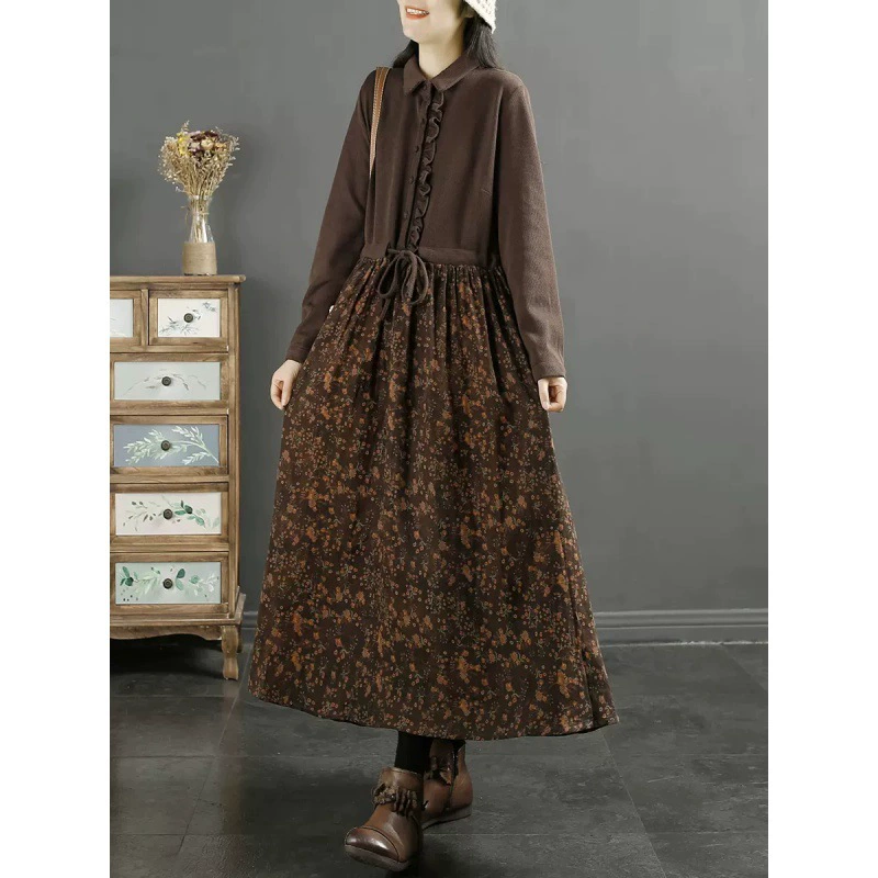 Осеннее oversize женское платье, цветочный принт, эластичный пояс, размеры M–XXL