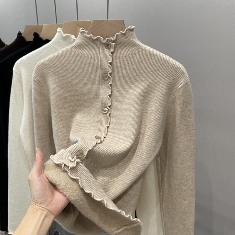 Ear-rimmed Thickened Sweater Women's One-piece Velvet Autumn and Winter New fleece-lined Half-turtleneck Inner Base Shirt All-match Top