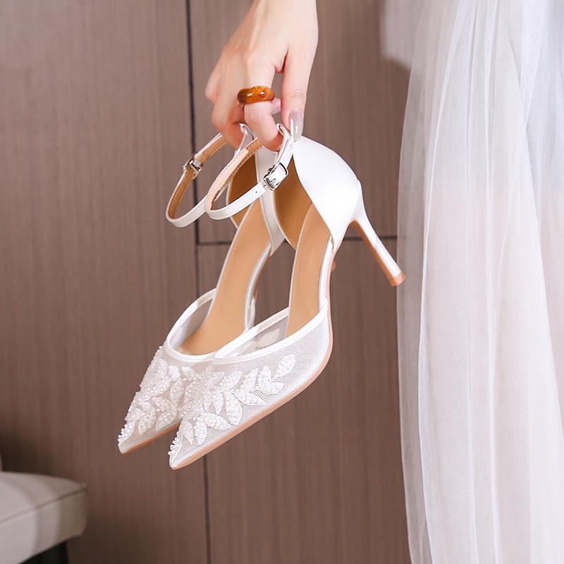 Zk-28 Satin Leaf Lace Beaded Pointed-Toe Stiletto High Heels French-Style Pointed-Toe Sandals