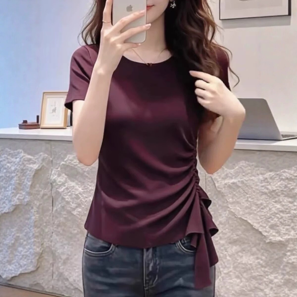 Áo thun ngắn tay nữ thiết kế thắt lưng bất quy tắc — màu tím chi tiết 1