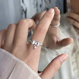 在逃公主蝴蝶结戒指S925纯银女纯银铃兰花指环开口可调节尾戒气质