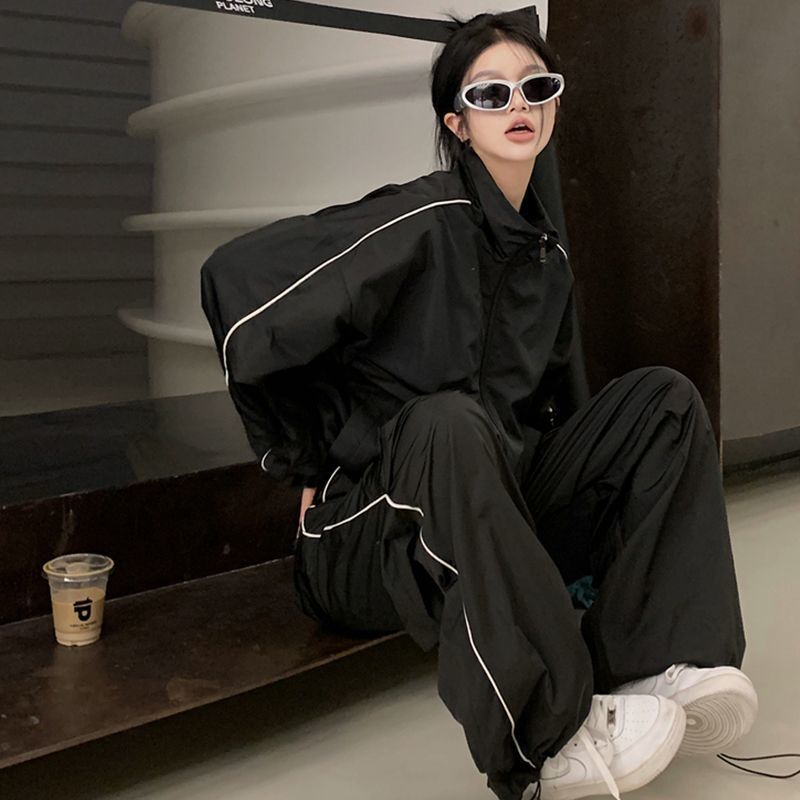 黑色运动服套装女2025新款秋季潮流美式休闲宽松显瘦外套阔脚裤|undefined