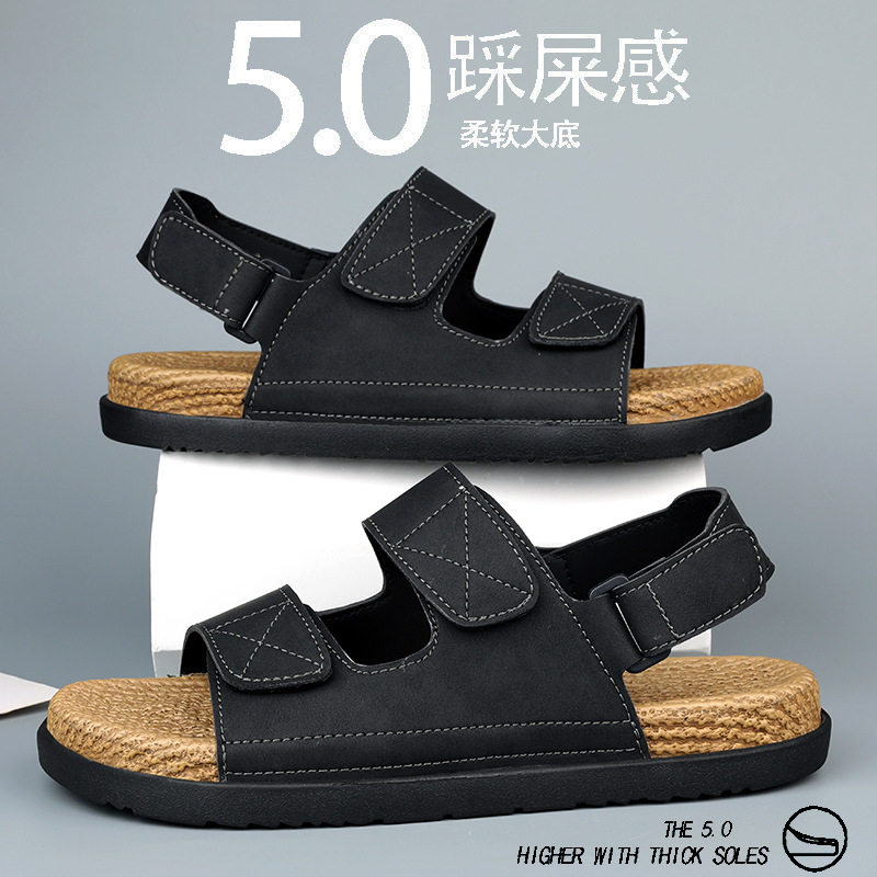 Dép sandal nam quai ngang cỡ lớn đi biển chống trượt, thoáng khí dùng hàng ngày — Kaki, Màu be, Màu đen
