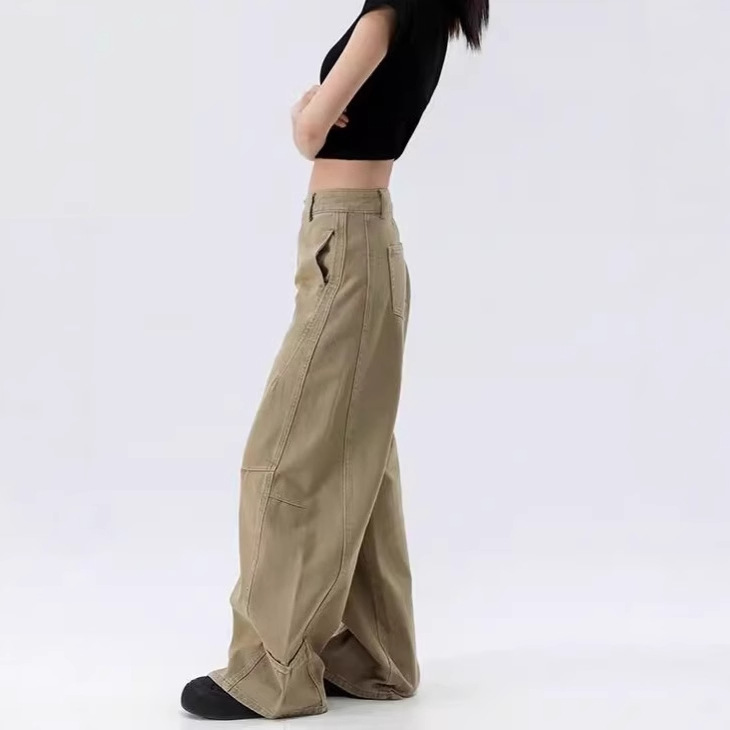 美式高街设计感卡其色复古阔腿牛仔裤女春新款宽松垂感直筒裤拖地