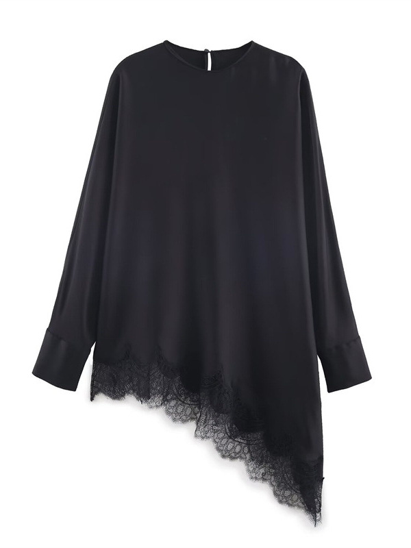 Spring asymmetrical lace solid color shirt with a round collar
