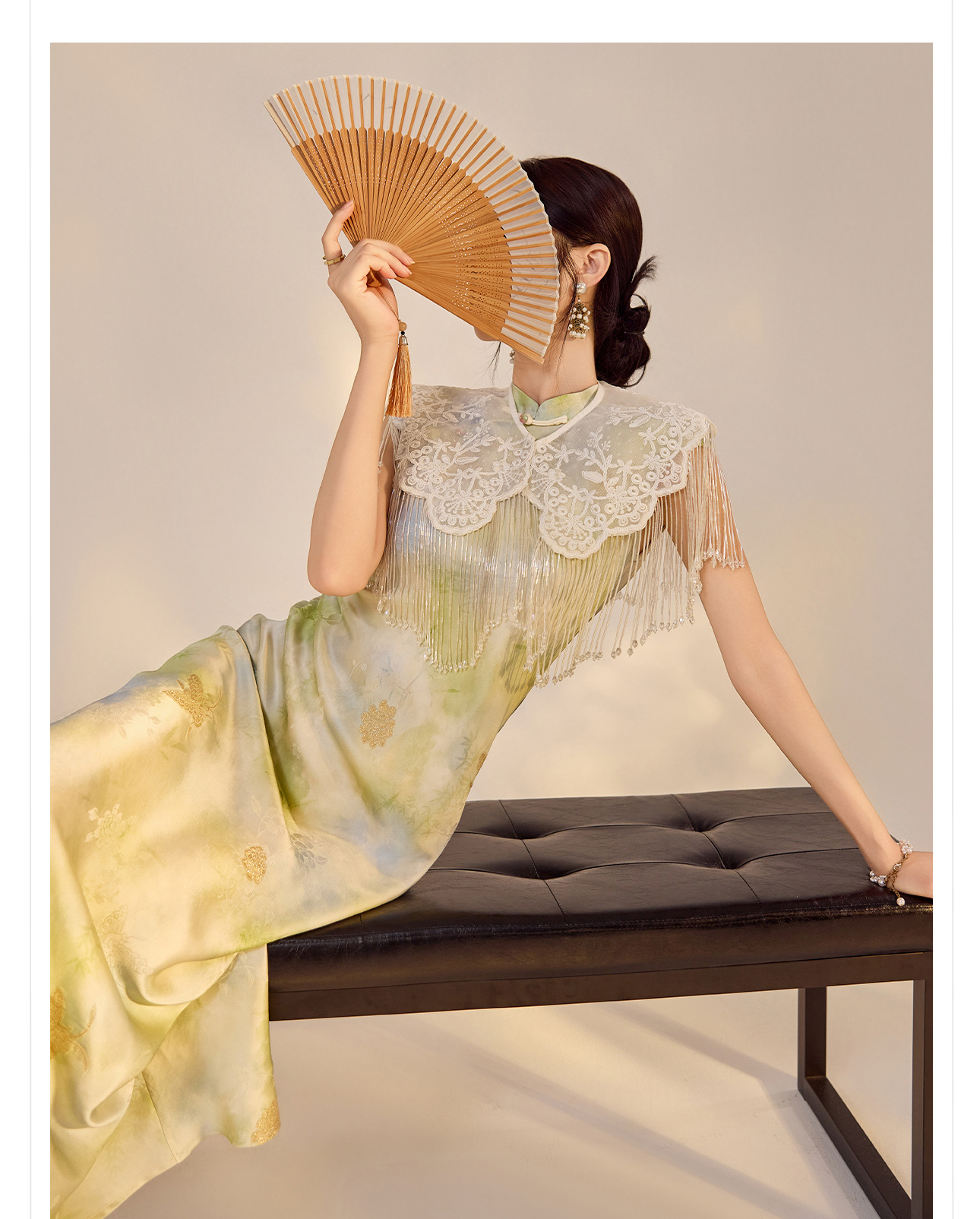 Váy Qipao cải tiến cao cấp phong cách Trung Quốc mới, in họa tiết tinh tế, cổ đứng ôm sát N5008 — Hiển thị màu xanh chi tiết 8