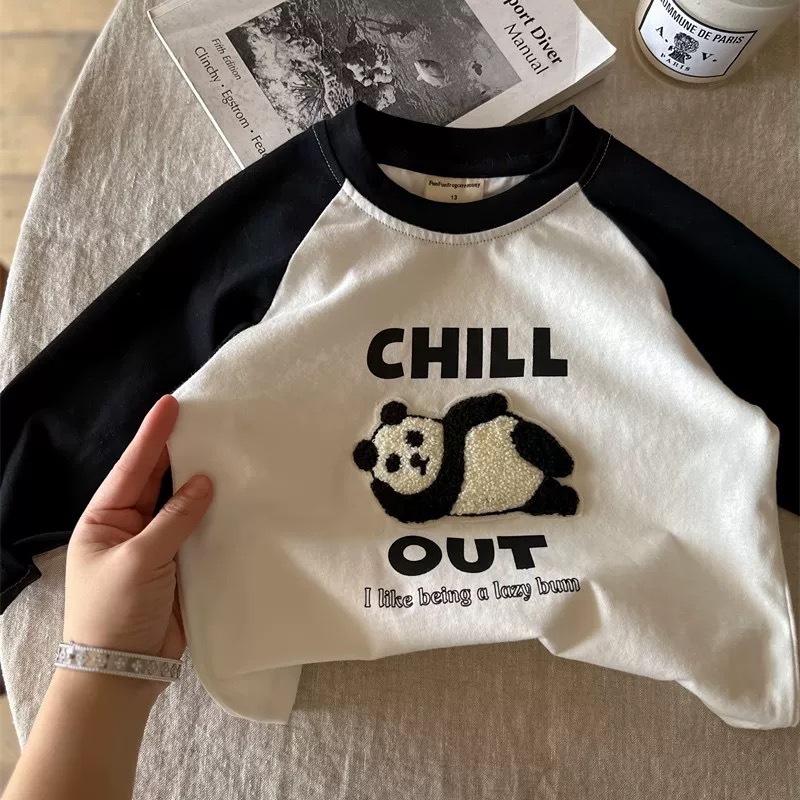 子供用長袖Tシャツ、春秋スタイル、男の子用漫画刺繍トップス、女の子用おしゃれなカラーブロックラグランスリーブボトムシャツ、トレンディ|undefined