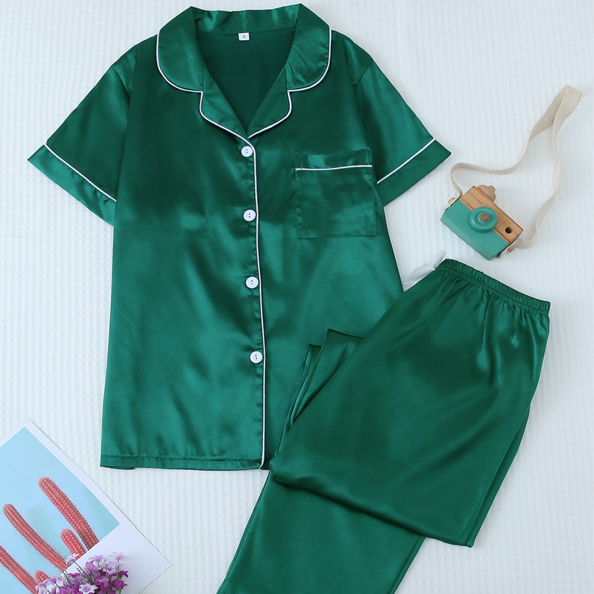 Dames satijnen nachtkleding set - korte mouwen en lange broek - zachte en comfortabele huiskleding (diverse kleuren en maten)_voghion.com
