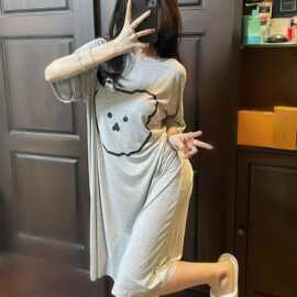 睡裙夏天女柔软莫代尔短袖圆领卡通小熊甜美可爱宽松大码家居服棉