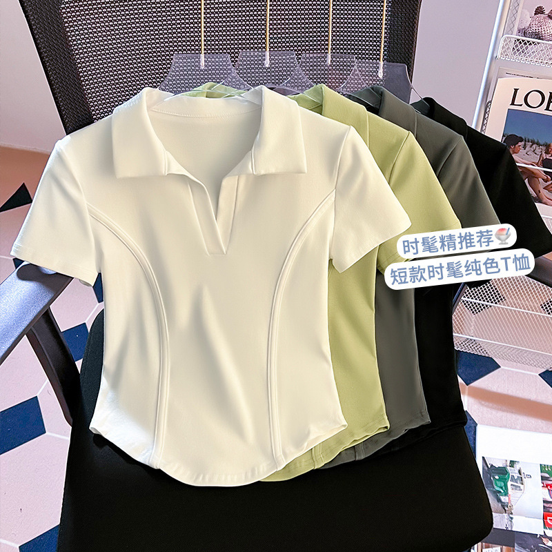 Polo襟の肩の半袖のtシャツの女性の夏のアメリカのレトロなギャルの底のシャツの甘い辛い風の魚の骨は腰の上着を収めます。|undefined